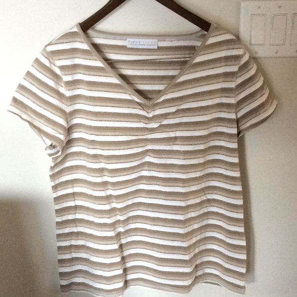 LIZ & CO. BEIGE/ WHITE STRIPED TEE - Picture 1 of 5